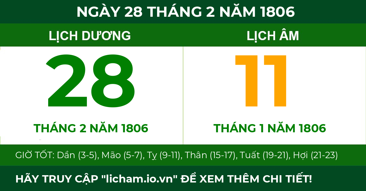 lịch âm ngày 28 tháng 2 năm 1806