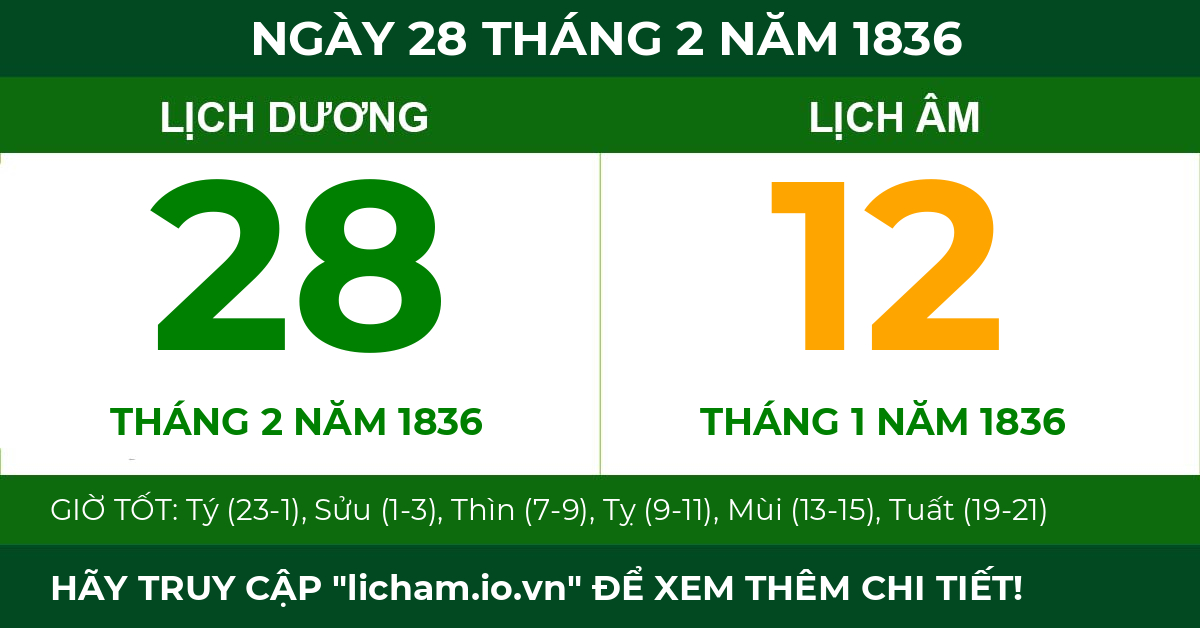 lịch âm ngày 28 tháng 2 năm 1836