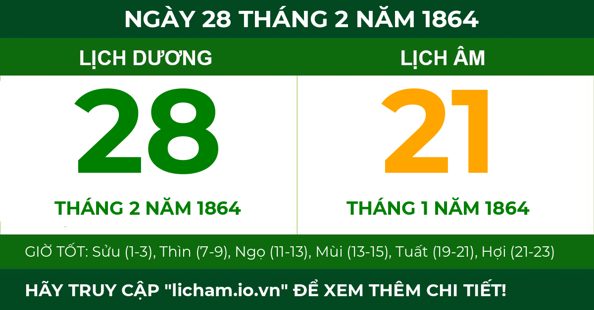 lịch âm ngày 28 tháng 2 năm 1864