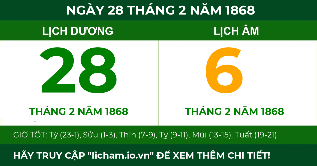 lịch âm ngày 28 tháng 2 năm 1868