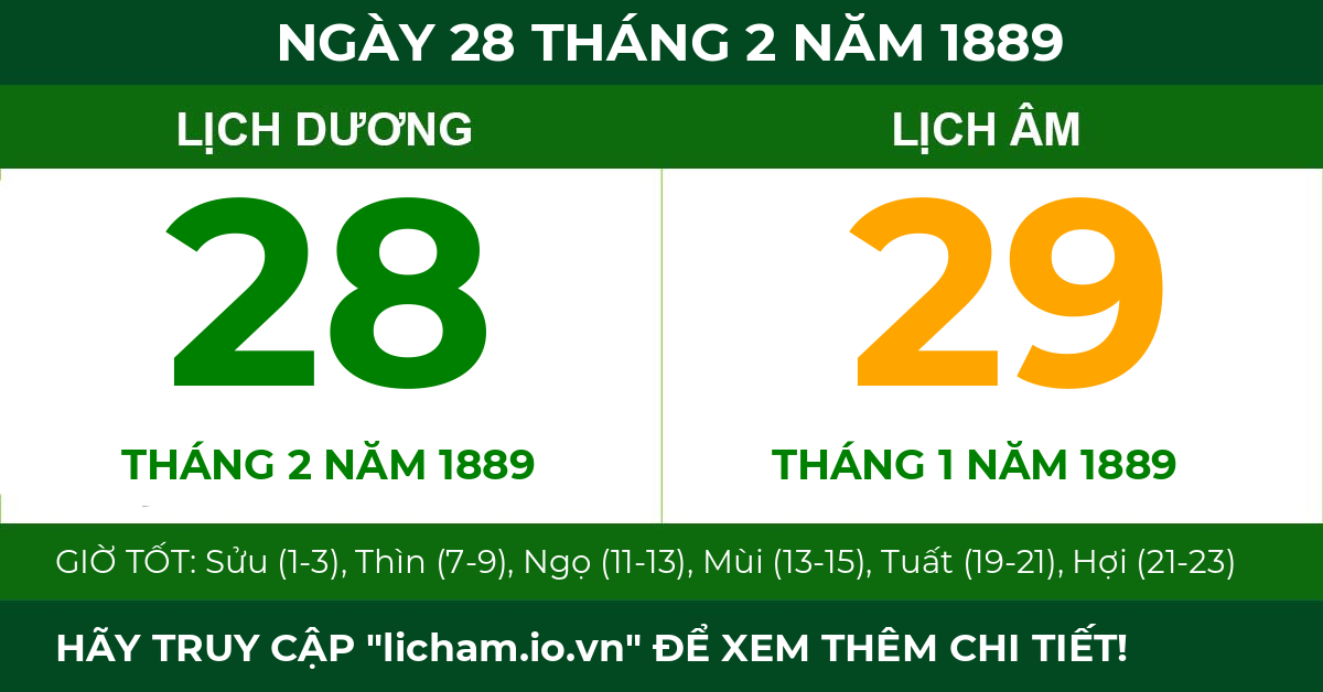 lịch âm ngày 28 tháng 2 năm 1889