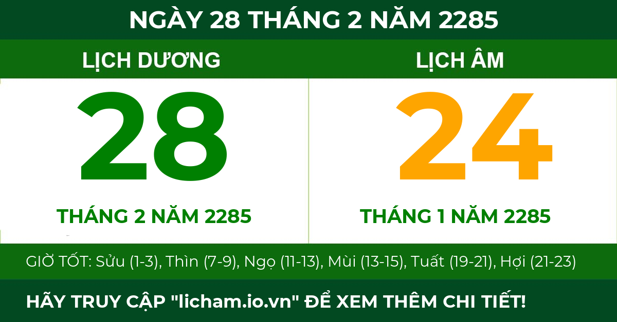 lịch âm ngày 28 tháng 2 năm 2285