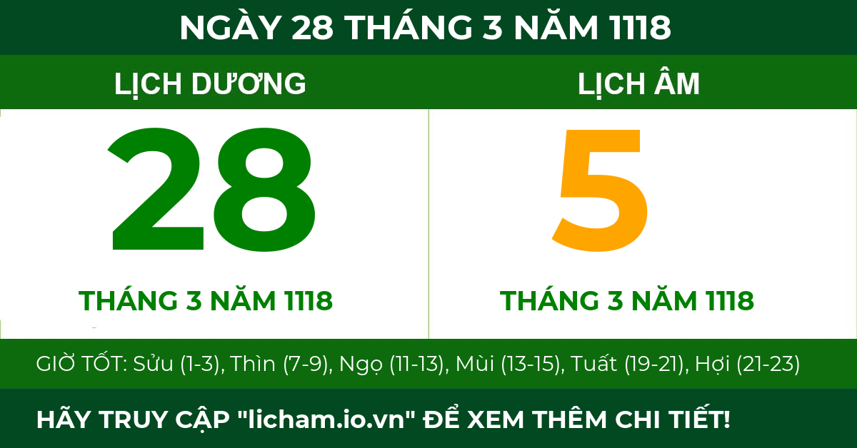 lịch âm ngày 28 tháng 3 năm 1118