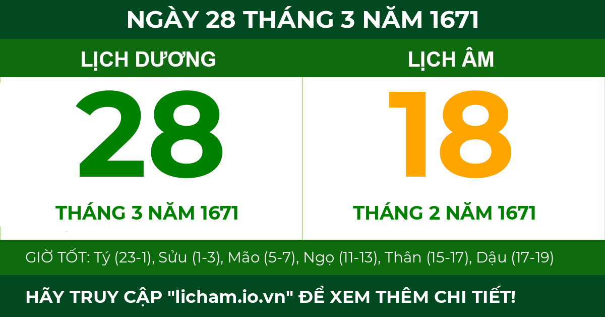 lịch âm ngày 28 tháng 3 năm 1671