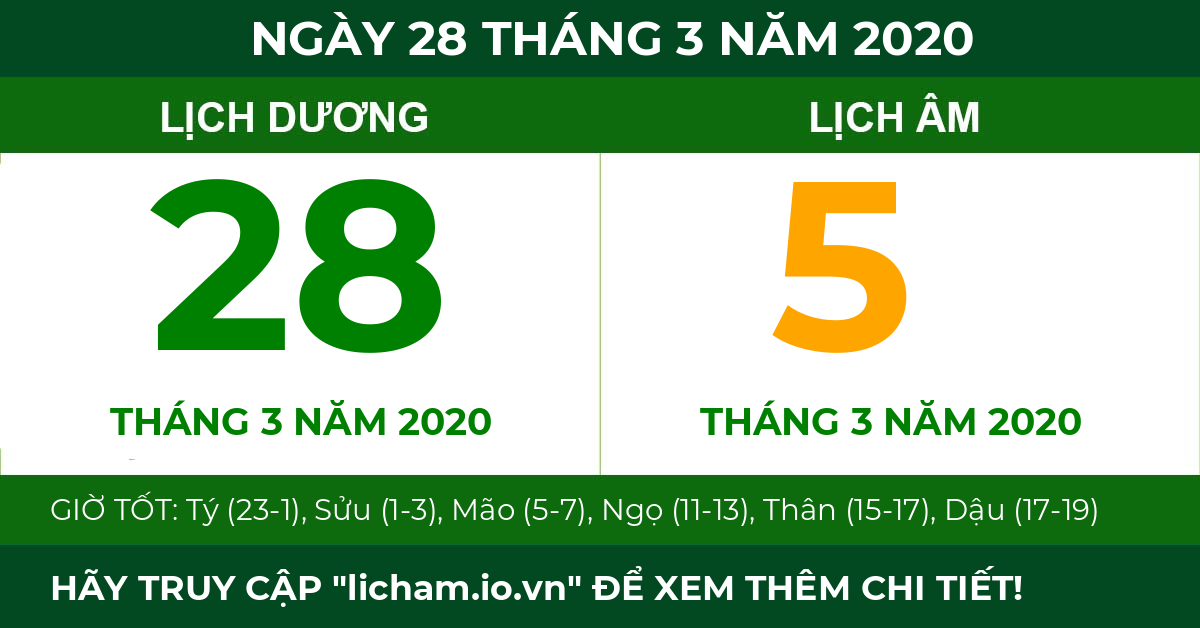 lịch âm ngày 28 tháng 3 năm 2020