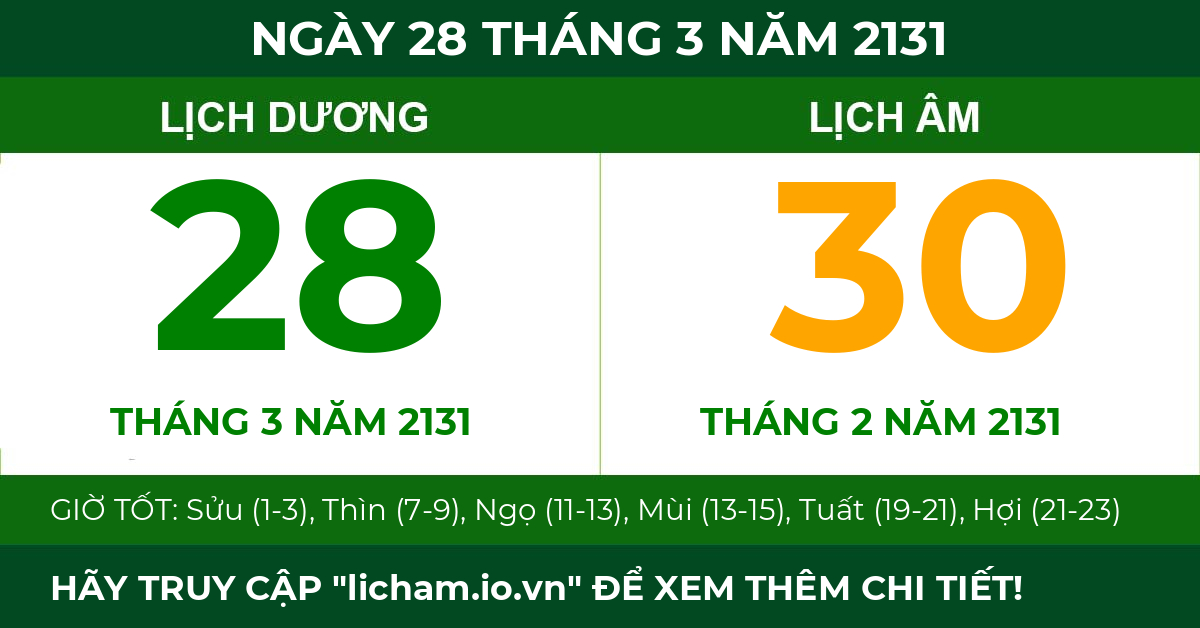 lịch âm ngày 28 tháng 3 năm 2131