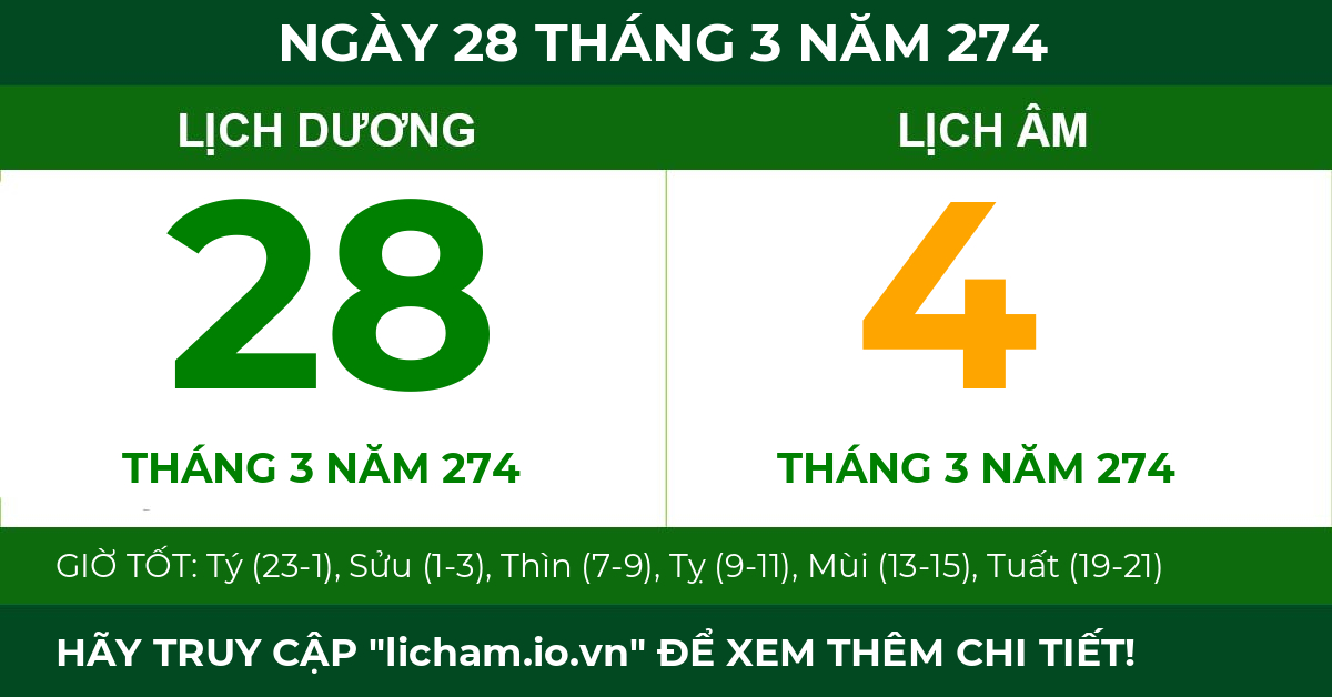 lịch âm ngày 28 tháng 3 năm 274