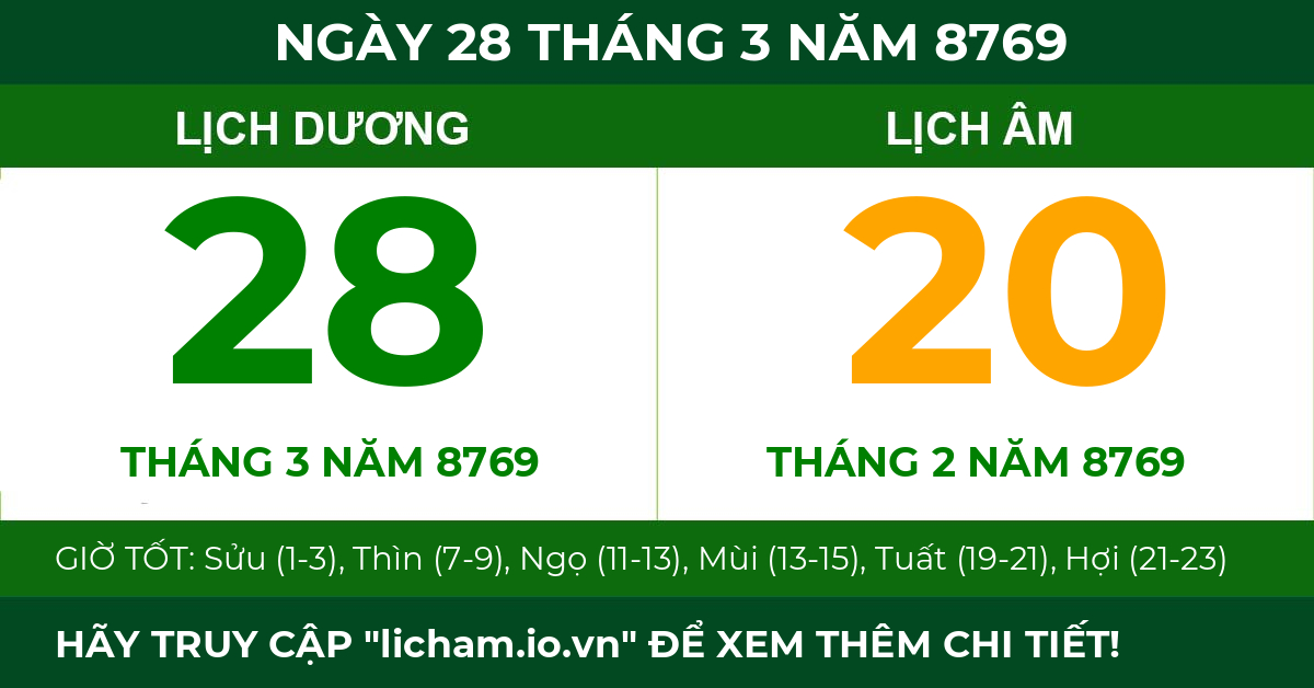 lịch âm ngày 28 tháng 3 năm 8769