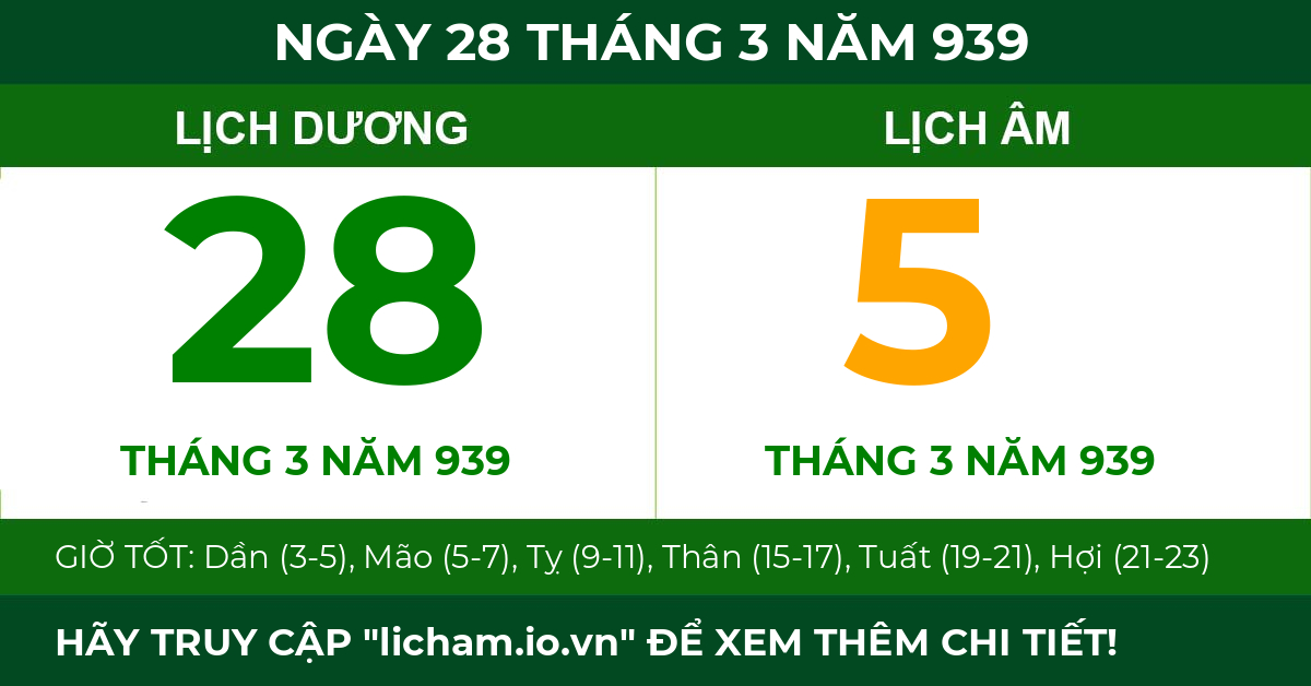 lịch âm ngày 28 tháng 3 năm 939