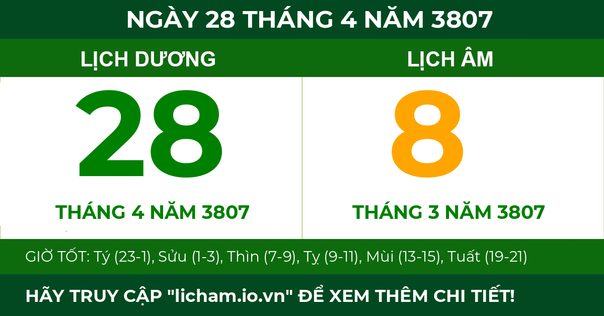 lịch âm ngày 28 tháng 4 năm 3807