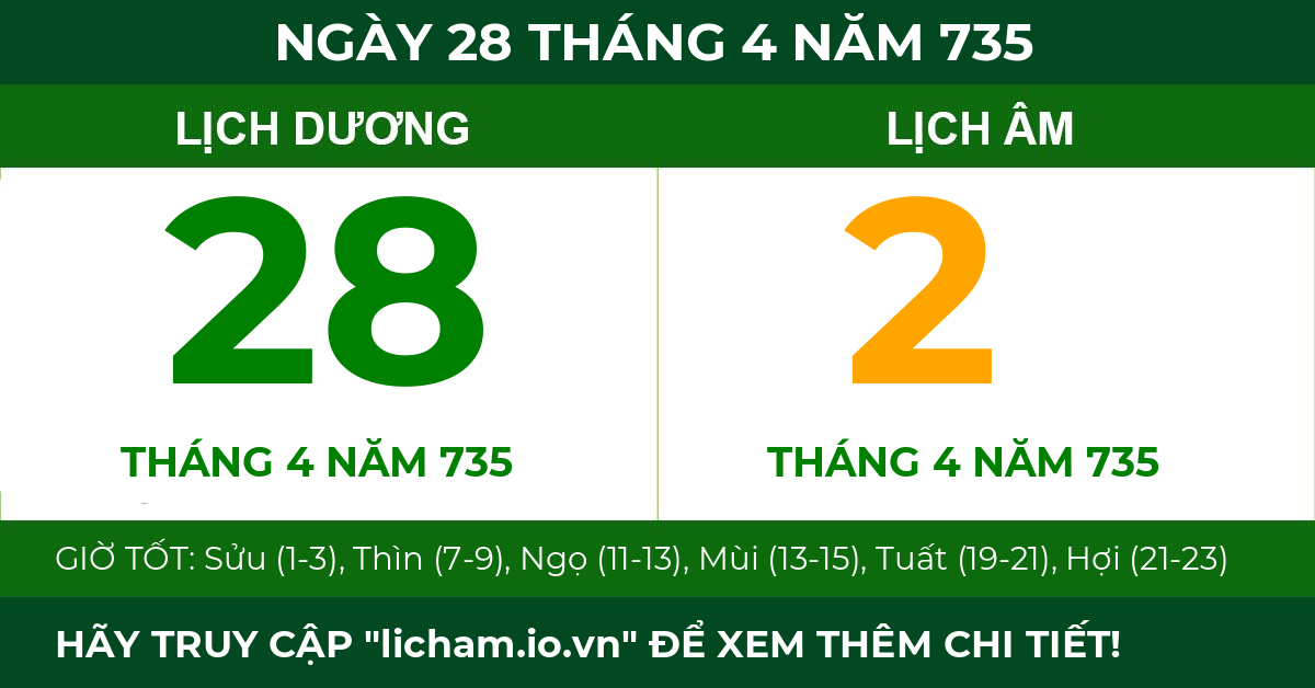 lịch âm ngày 28 tháng 4 năm 735
