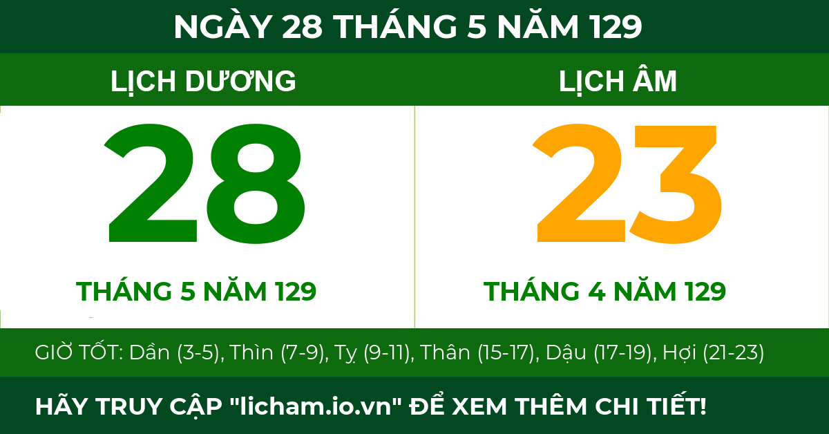 lịch âm ngày 28 tháng 5 năm 129