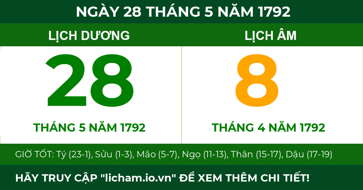 lịch âm ngày 28 tháng 5 năm 1792
