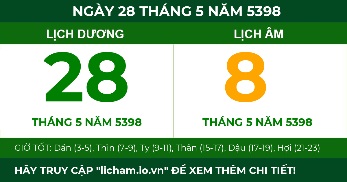 lịch âm ngày 28 tháng 5 năm 5398