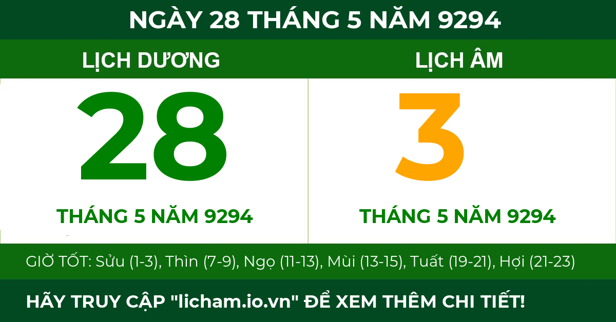 lịch âm ngày 28 tháng 5 năm 9294