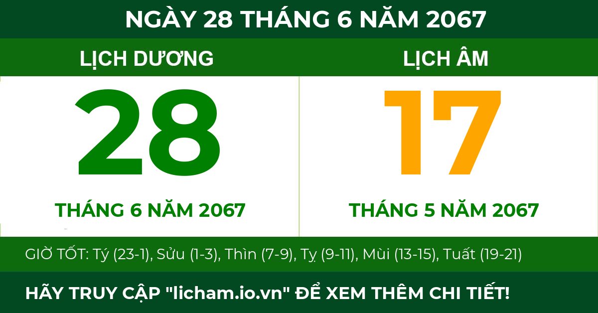 lịch âm ngày 28 tháng 6 năm 2067