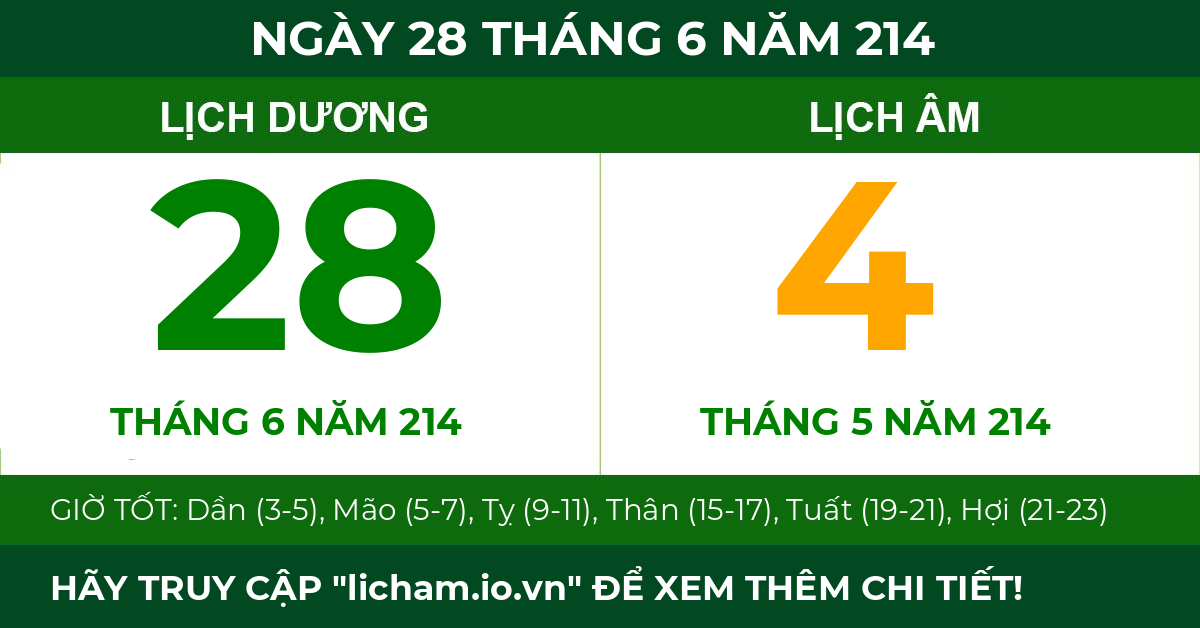 lịch âm ngày 28 tháng 6 năm 214