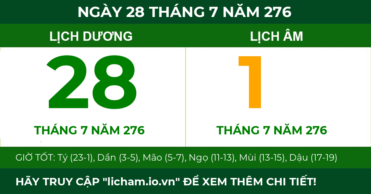 lịch âm ngày 28 tháng 7 năm 276