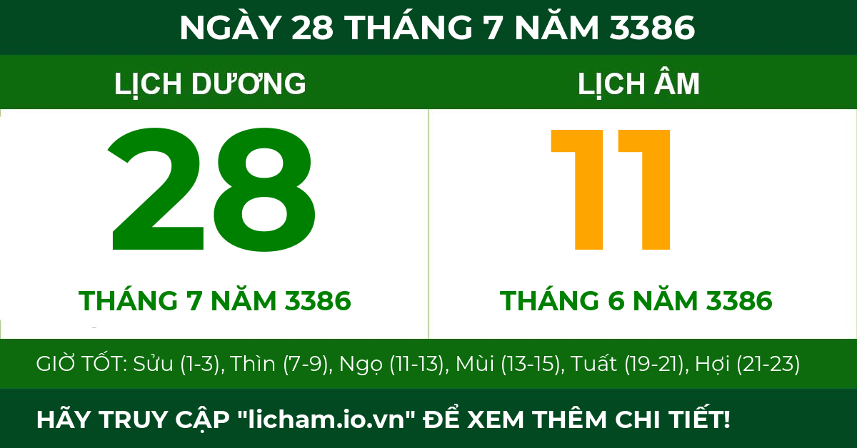lịch âm ngày 28 tháng 7 năm 3386