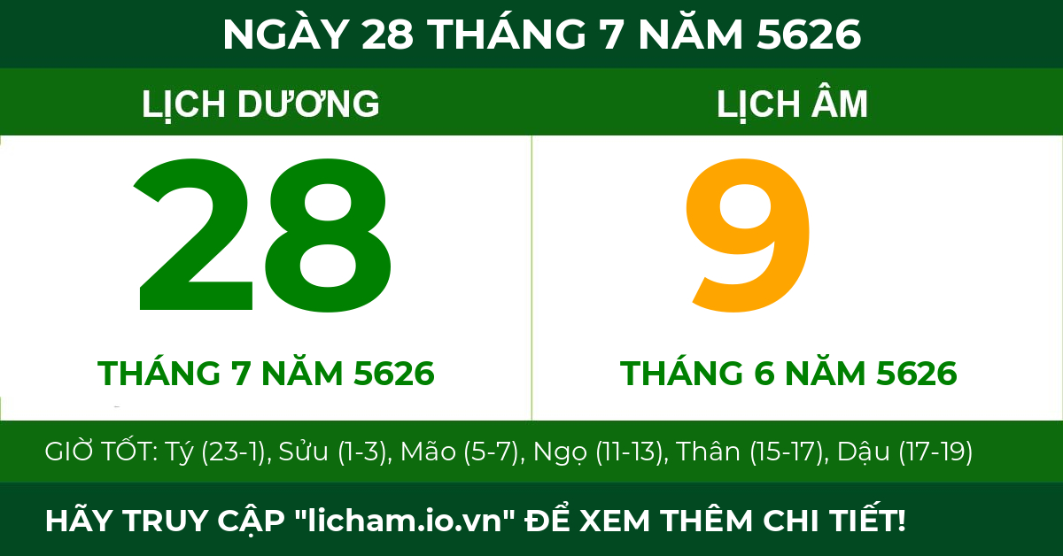 lịch âm ngày 28 tháng 7 năm 5626