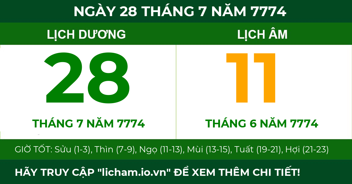 lịch âm ngày 28 tháng 7 năm 7774