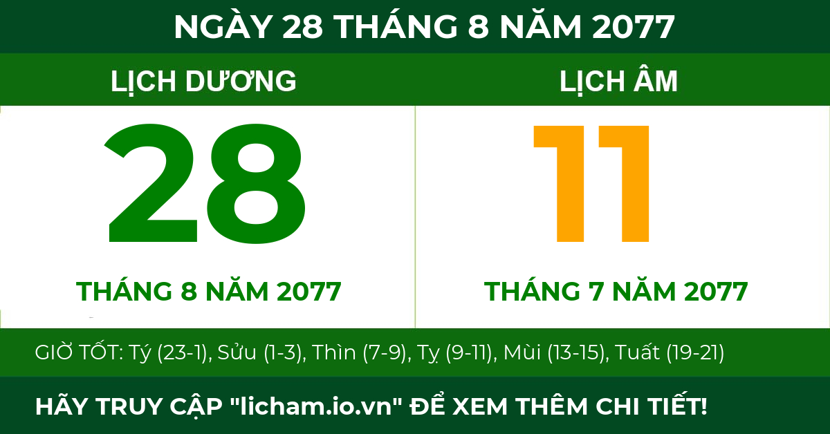lịch âm ngày 28 tháng 8 năm 2077