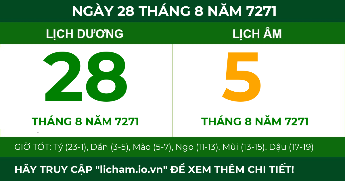 lịch âm ngày 28 tháng 8 năm 7271