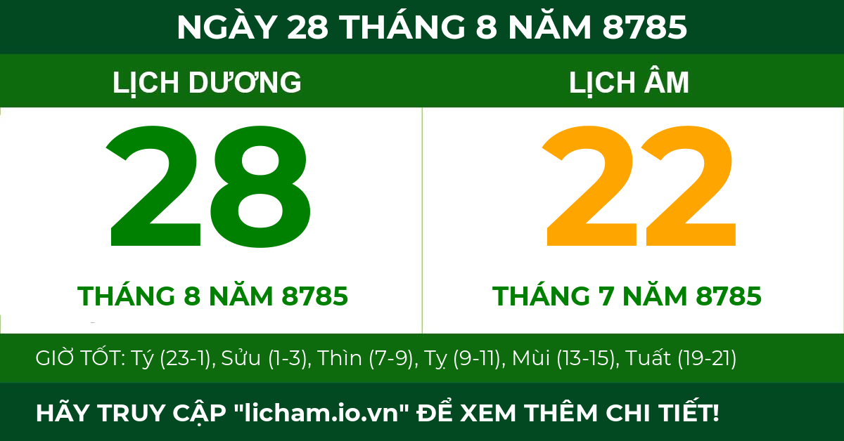lịch âm ngày 28 tháng 8 năm 8785