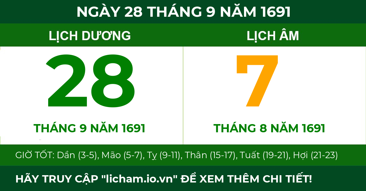 lịch âm ngày 28 tháng 9 năm 1691