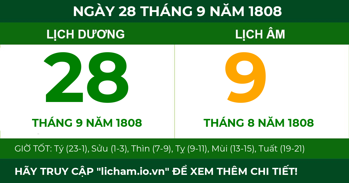 lịch âm ngày 28 tháng 9 năm 1808
