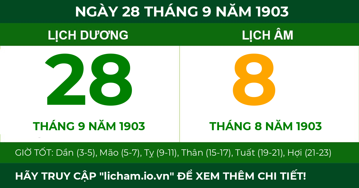 lịch âm ngày 28 tháng 9 năm 1903