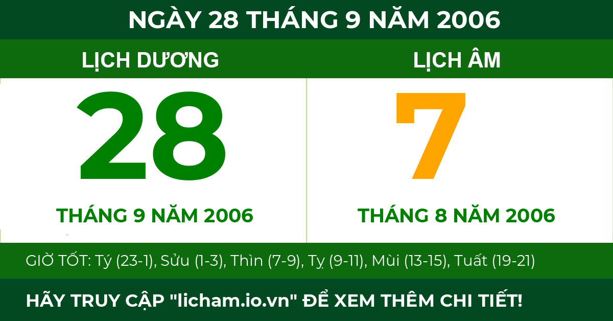 lịch âm ngày 28 tháng 9 năm 2006