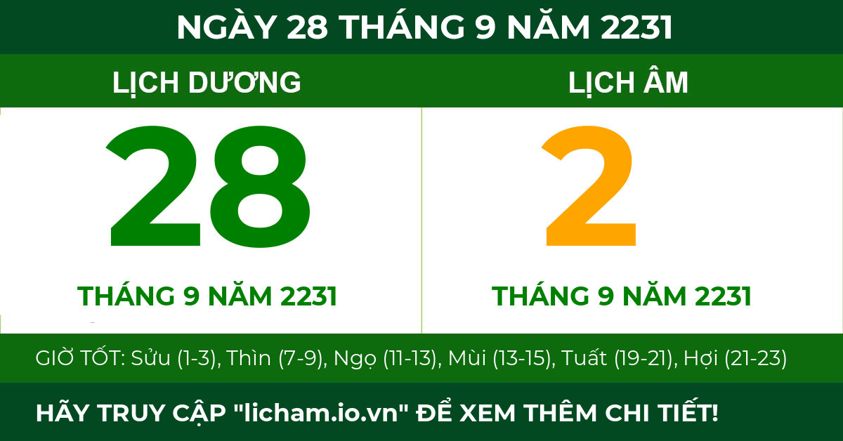 lịch âm ngày 28 tháng 9 năm 2231