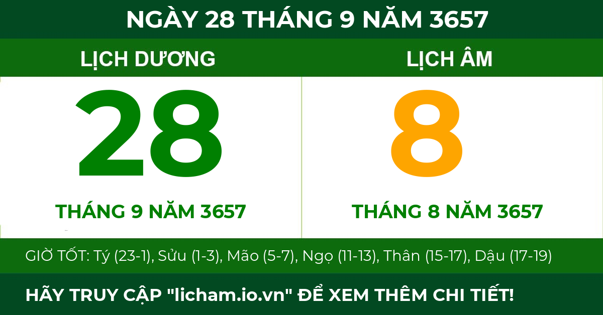 lịch âm ngày 28 tháng 9 năm 3657
