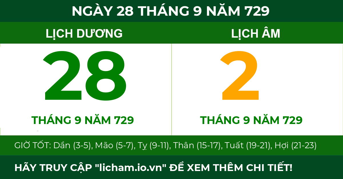 lịch âm ngày 28 tháng 9 năm 729