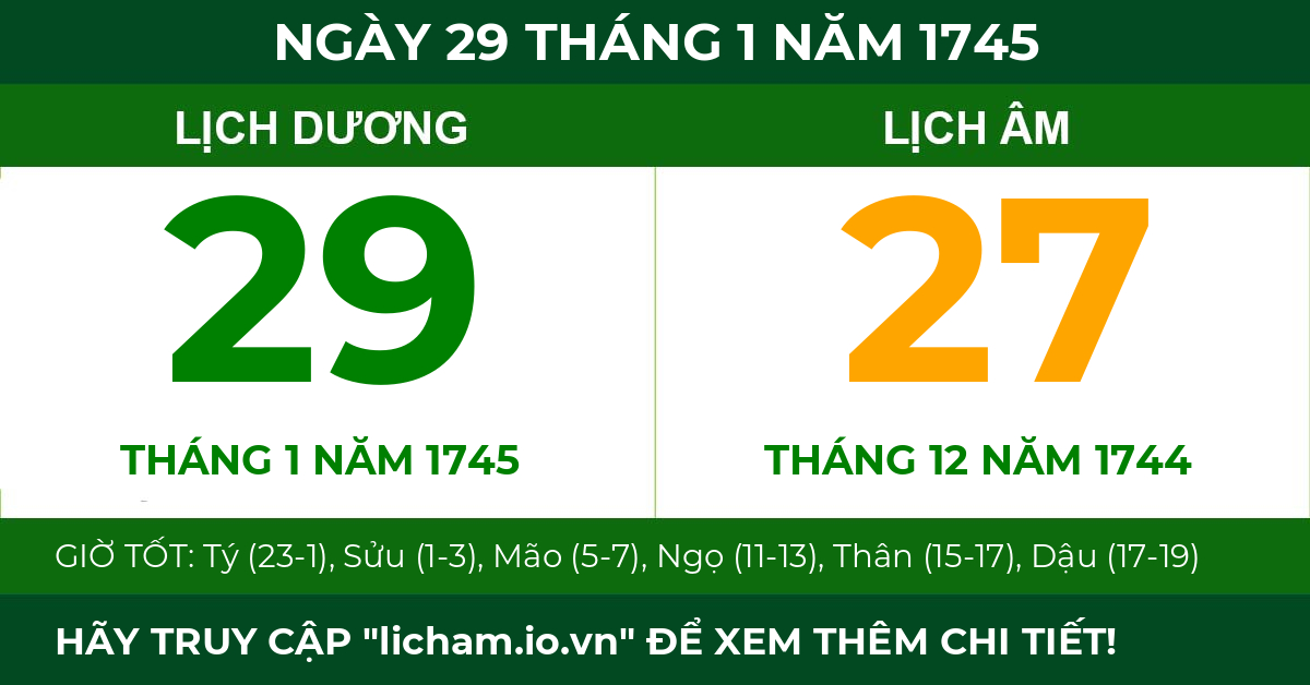 lịch âm ngày 29 tháng 1 năm 1745