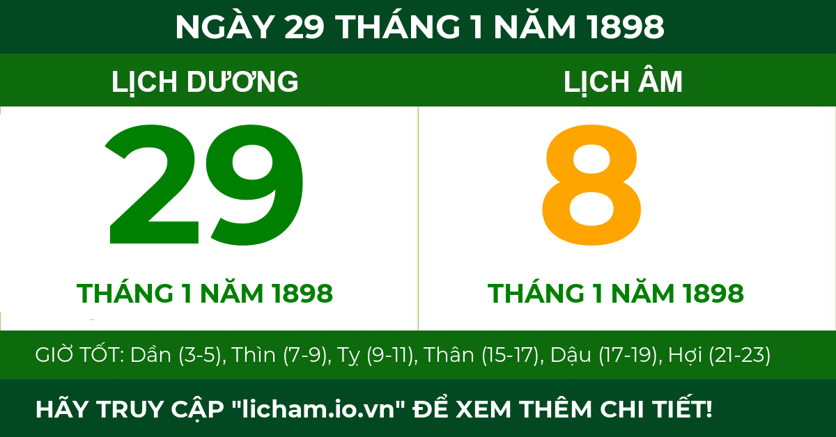 lịch âm ngày 29 tháng 1 năm 1898