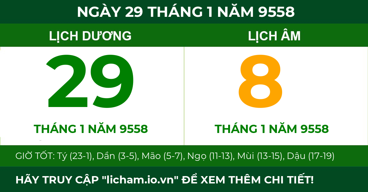 lịch âm ngày 29 tháng 1 năm 9558