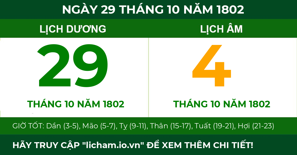 lịch âm ngày 29 tháng 10 năm 1802