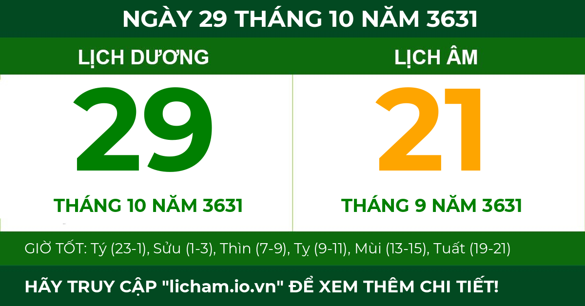 lịch âm ngày 29 tháng 10 năm 3631