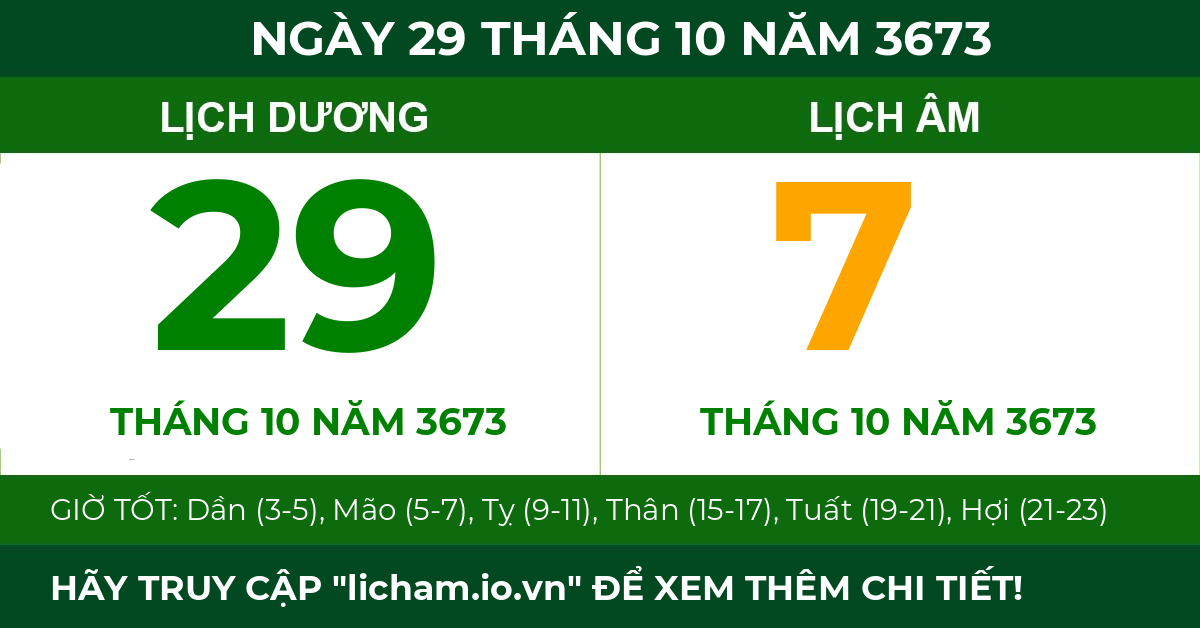 lịch âm ngày 29 tháng 10 năm 3673