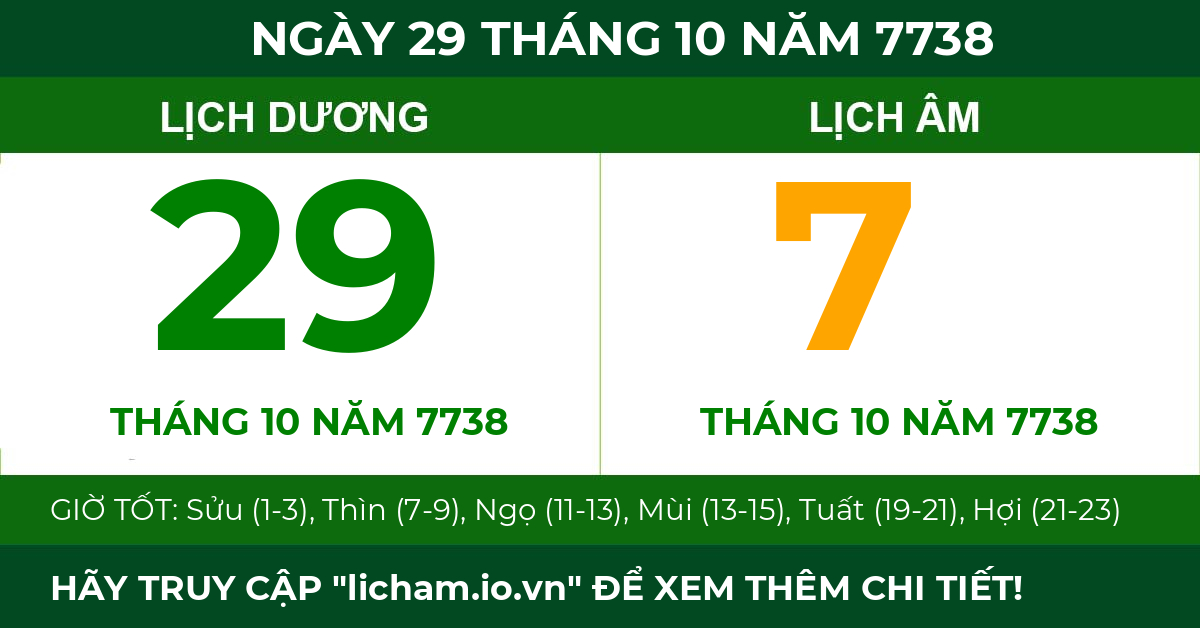 lịch âm ngày 29 tháng 10 năm 7738