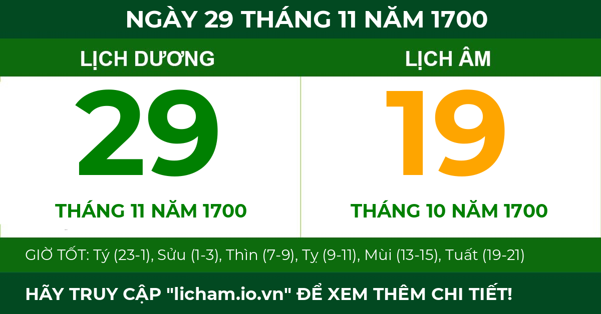 lịch âm ngày 29 tháng 11 năm 1700