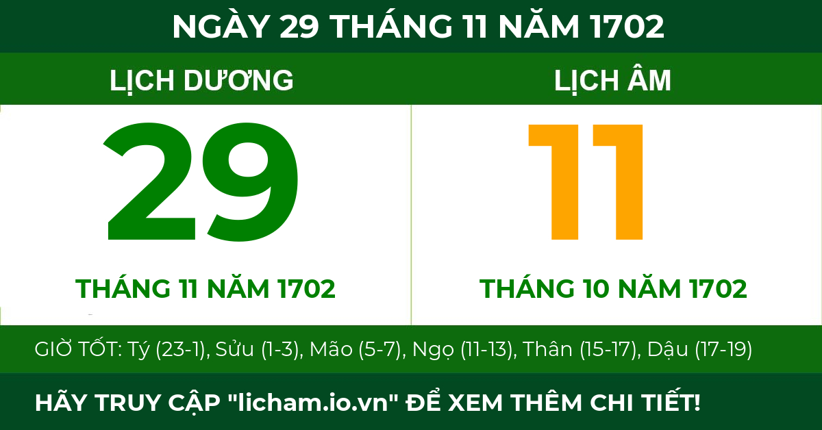 lịch âm ngày 29 tháng 11 năm 1702