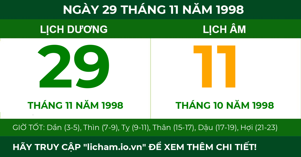 lịch âm ngày 29 tháng 11 năm 1998