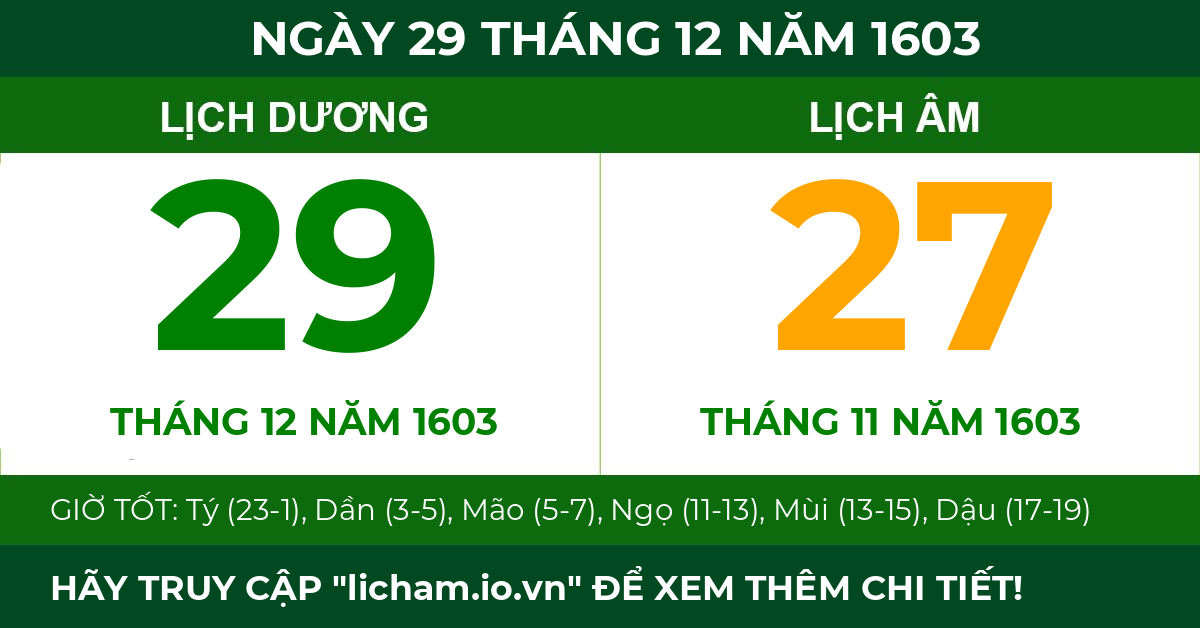 lịch âm ngày 29 tháng 12 năm 1603