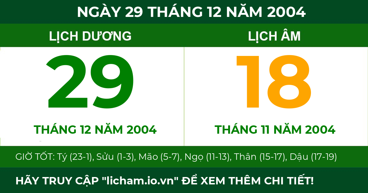 lịch âm ngày 29 tháng 12 năm 2004