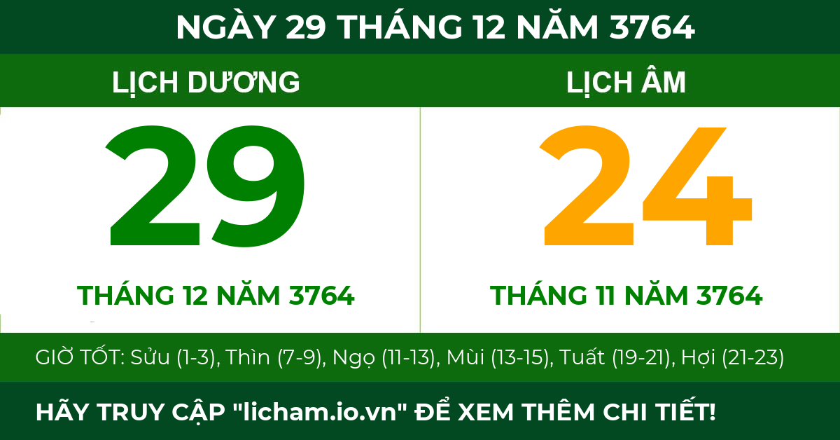 lịch âm ngày 29 tháng 12 năm 3764
