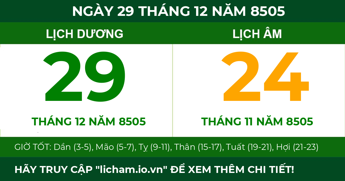 lịch âm ngày 29 tháng 12 năm 8505
