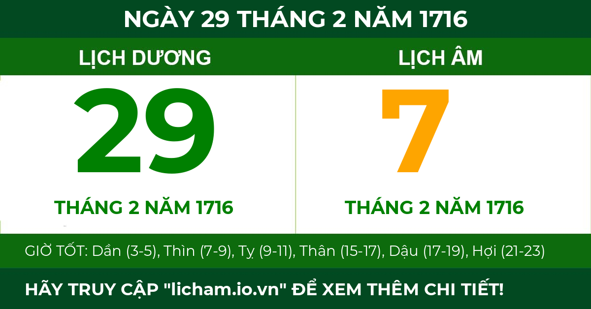 lịch âm ngày 29 tháng 2 năm 1716